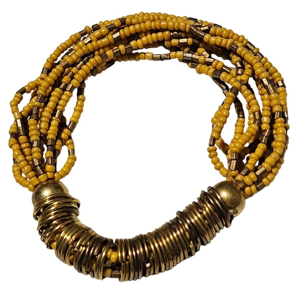Retro Yellow Gold Multi-Strand Beaded Bracelet Metallic Coil 60s 70s Fashion